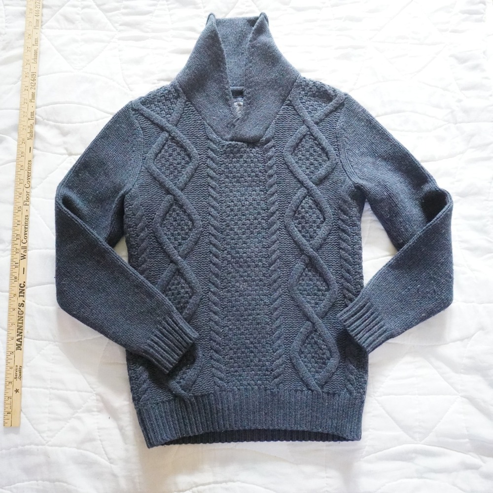 CAMBRIDGE DRY GOODS Cable Knit Shawl Collar Sweater Women S Blue Lambswool Blend